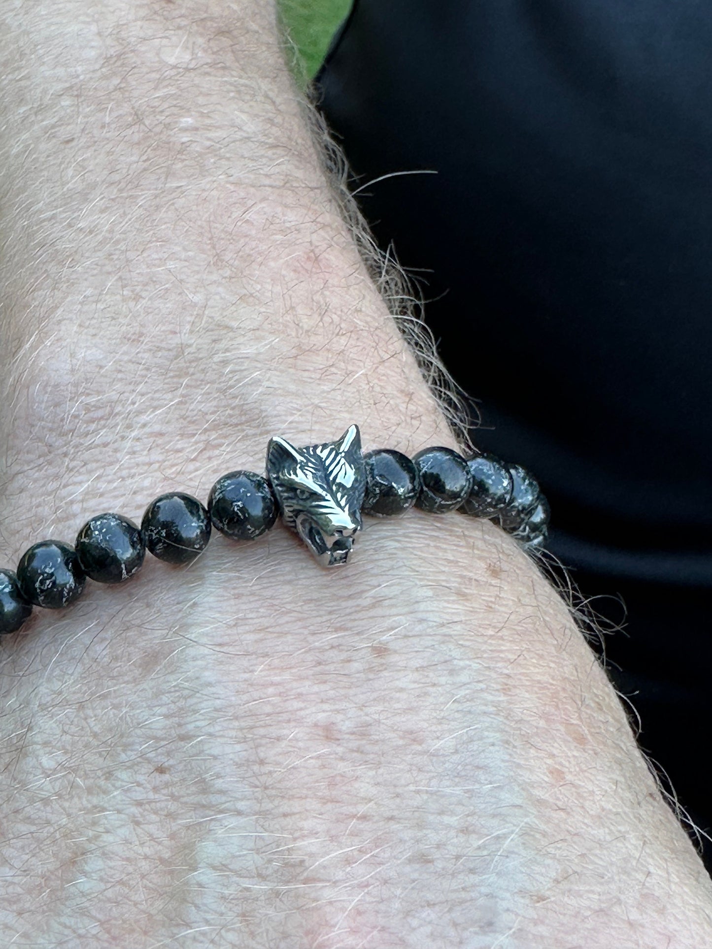 Bracelet Mens Unisex Gemstone Black Sterling Silver Wolf