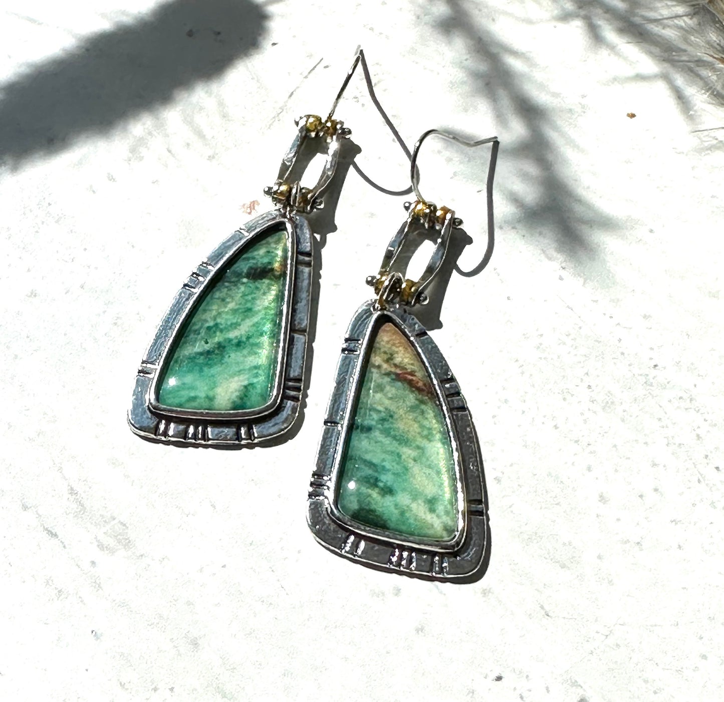 Earrings Boho Jewelry Dangle Green and Silver Bohemian