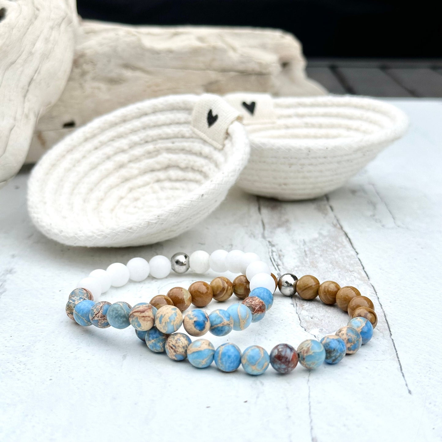 Bracelets Jewelry Gemstone Boho Blue White Stretch Stack