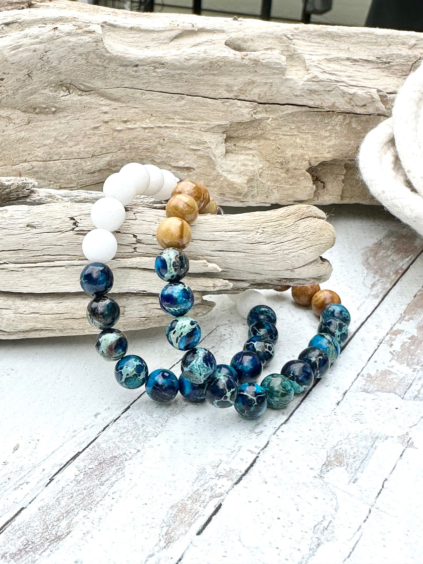 Bracelets Jewelry Gemstone Boho Blue White Stretch Stack