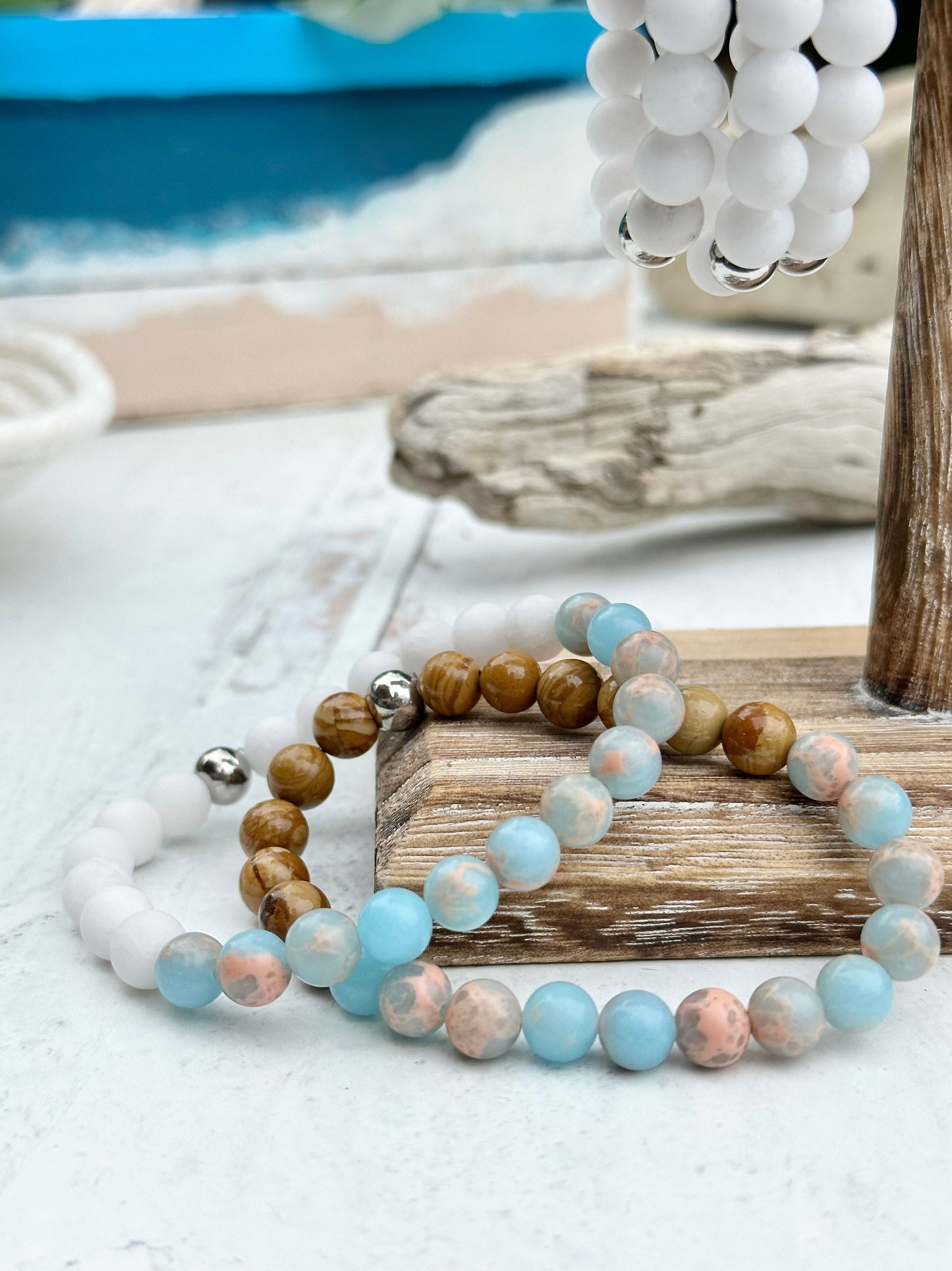 Bracelets Jewelry Gemstone Boho Blue White Stretch Stack