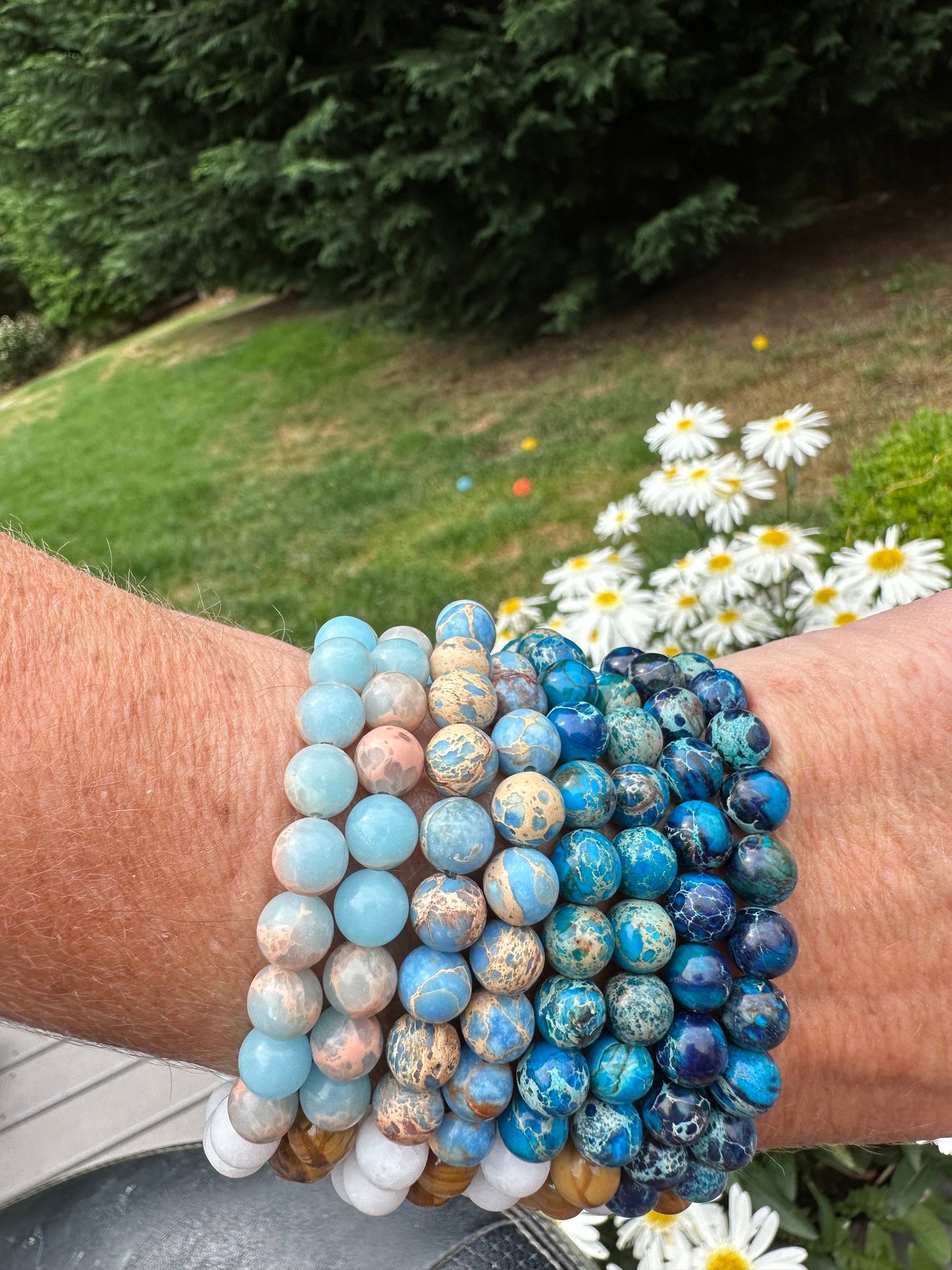 Bracelets Jewelry Gemstone Boho Blue White Stretch Stack