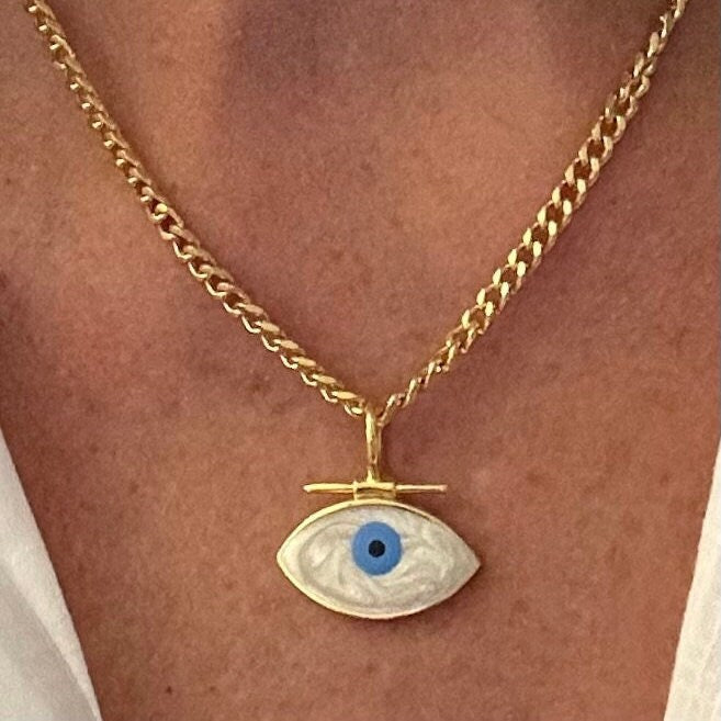 Gold Necklace Jewelry Gold Boho Large Pearl Evil Eye Rolo Chain