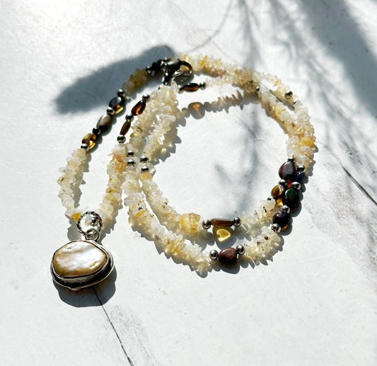 Necklace Beaded Gemstone Opal Pearl Pendant Jewelry